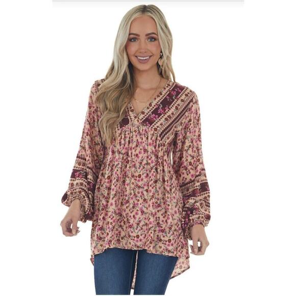 Umgee Tops - Umgee Boho Peach Floral Babydoll Bubble Sleeve Keyhole Back Blouse, sz M